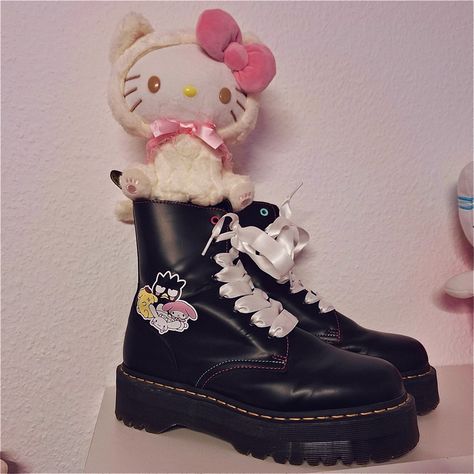 Hello kitty sanrio doc martens plushie cute kawaii myMelody platform boots Doc Martens, Platform Boots, Hello Kitty, Kitty, Boots