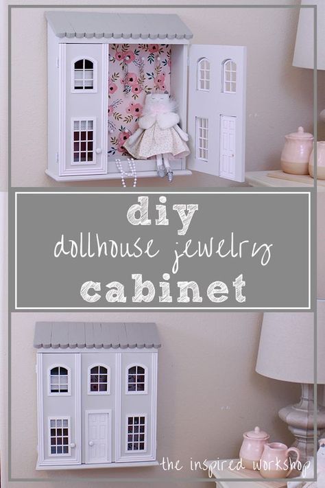 Make-ahead holiday gift idea for kids! We all know how much little girls love to play dress up and have tea parties, but she also needs a place to store all her most precious jewels when she has to take them off! This dollhouse jewelry cabinet is the perfect place to store her jewelry and it looks so cute, too! Click Pin for the free project plan! Dollhouse Jewelry, Dollhouse Woodworking Plans, Box Doll House, Diy Coffee Table Plans, End Table Plans, Diy Jewelry Box, Cabinet Build, Rental Home Decor, Cabinet Diy