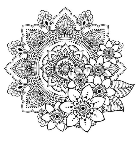 Mandalas With Flowers, Mandala Coloring Pages For Adults Design, Mandala Drawing Coloring, Flower Mandala Coloring Pages, Mandala Colouring Pages, Paisley Doodle, Pictures For Coloring, Detailed Mandala, Coloring Mandalas