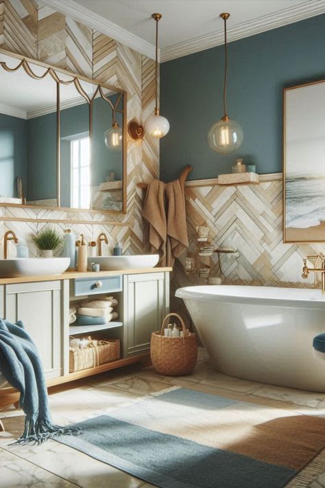 Bring the beach home with this soothing combination of ocean blue and sandy beige. A vacation vibe for your daily routine. #CoastalBathroom #BeachInspired Blue And Beige Bathroom Ideas, Teal And Beige Bathroom, Bathroom Color Palette Ideas, Blue And Beige Bathroom, Bathroom With Tan Tile, Blue Brown Bathroom, Blue And Brown Bathroom, Tan Tile, Bathroom Ideas Beige