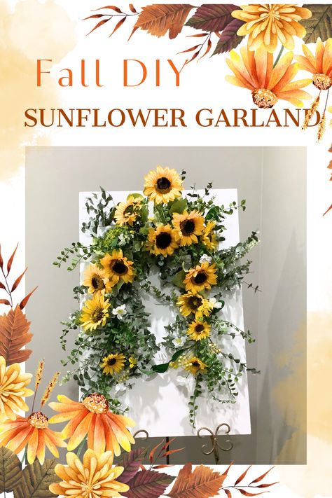 A sunflower garland is an easy project to make. 🌻 This garland was made from just one eucalyptus garland, one sunflower bush and three sunflower picks. Pieces were secured with zip ties. Follow the link to our blog post to see how we created this beauty! How To Make Sunflower, Bedroom Colour Schemes, Sunflower Garland, Pumpkin Floral Arrangements, Diy Sunflower, Garland Tutorial, Fall Lantern, Sunflower Crafts, Bedroom Colour