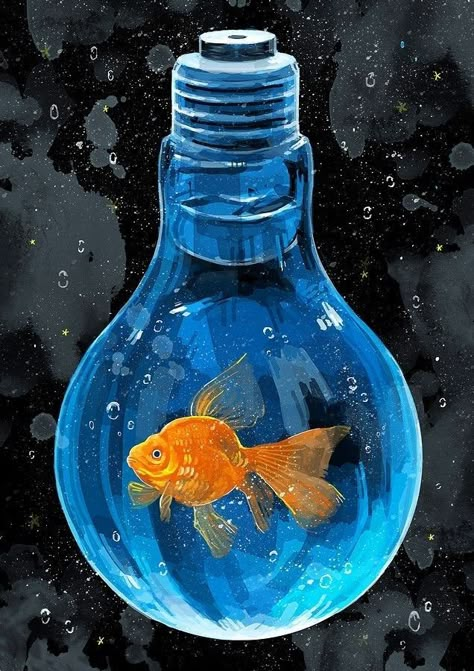 Light Bulb Design, Goldfish Bowl, Surrealism Painting, Gold Fish, Ghibli Art, Arte Inspo, Gcse Art, Colorful Fish, Hur Man Målar