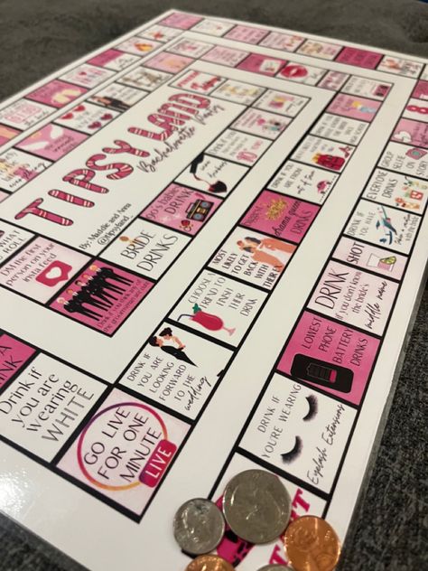 Fun backelorette game for many people Board Game Bachelorette Party, Bachelorette Party Board Games, Bachelorette Board Game Diy, Bachelorette Game Night Aesthetic, Bachelorette Board Games, Tipsy Land, Bachelorette Monopoly, Galentines Board Game, Bach Party Games