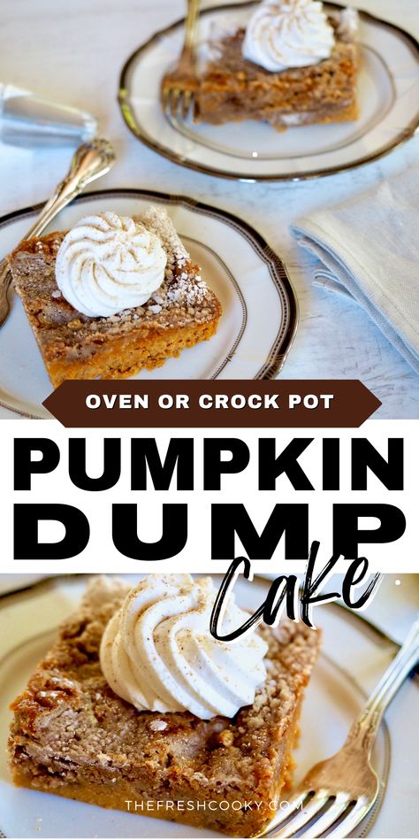 Make this Pumpkin Dump Cake recipe in place of Pumpkin Pie this holiday season! So much easier and will be guaranteed to become a family requested favorite! Literally, whisk, dump, sprinkle, drizzle and bake! Ready to go in the oven or crockpot for crock pot dump cake in minute. Recipe and high altitude adjustments via @thefreshcooky Dump Cake With Spice Cake, Crock Pot Dump Cake, Easy Pumpkin Dump Cake Recipe, Pumpkin Pie Dump Cake, Easy Pumpkin Dump Cake, Thanksgiving Favorites, Pumpkin Dump Cake Recipe, Pumpkin Dump, Dump Cake Recipe