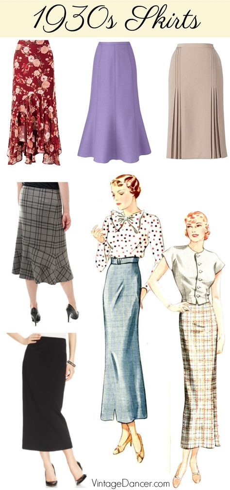 1930s style skirts. Tea mid length vintage skirts, column skirts, gored skirts, pleated skirts, hanky hem skirts. at #vintagedancer 1930s Outfits, Summer Outfits Women 30s, 1930 Fashion, Fashion 30s, 30s Fashion, Fashion Guide, Retro Mode, 1930s Fashion, Vintage Rock