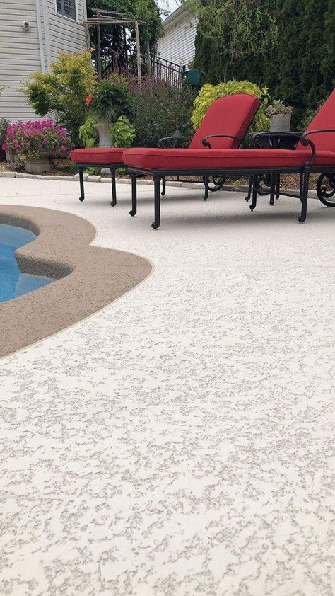 Pool Deck - Decorative Concrete Surfaces Pool Deck Overlay, Sundek Pool Decks, Pool Cement Deck Ideas, Cool Deck Ideas Swimming Pools, Painted Pool Concrete, Pool Decking Colors, Pool Area Flooring Ideas, Painted Concrete Around Pool, Concrete Around Pool Ideas Design