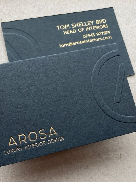 Embossed logo with gold foil printed text on a slate grey business card. Debossed Business Card, Etsy Business Cards, Architecture Business Cards, Interior Designer Business Card, Gold Foil Business Cards, Elegant Business Cards Design, Foil Embossing, Stationery Business Card, Embossed Business Cards