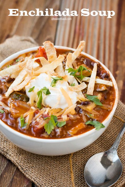 Enchilada soup that is quick and easy to make, but delicious enough that everyone will be begging for the recipe. Beef Enchilada Soup, Southwest Chicken Soup, Beef Enchilada, Cream Of Potato Soup, Hearty Soup Recipes, Oh Sweet Basil, Easy Enchiladas, Chicken Pot Pie Soup, Pot Pie Soup