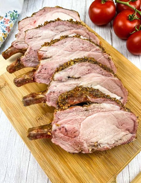 Meaty, smoky, tender, and juicy, Smoked Rack of Pork is an easy cut of meat to smoke! With oodles of flavor, make it today! Center Cut Pork Roast, Smoked Pork Loin Roast, Cubed Pork Recipes, Bone In Pork Loin, Pork Rib Roast, Pork Loin Ribs, Rack Of Pork, Smoked Pork Loin, Pork Loin Roast Recipes