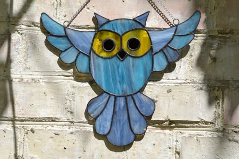 Large Stained Glass Owl Suncatcher Flying Owl Stained Glass | Etsy Yellow Window, Glass Owl, Stained Glass Animals, Mosaic Animals, Stained Glass Bird, Stained Glass Birds, Glass Suncatchers, Stained Glass Ornaments, Stained Glass Suncatchers