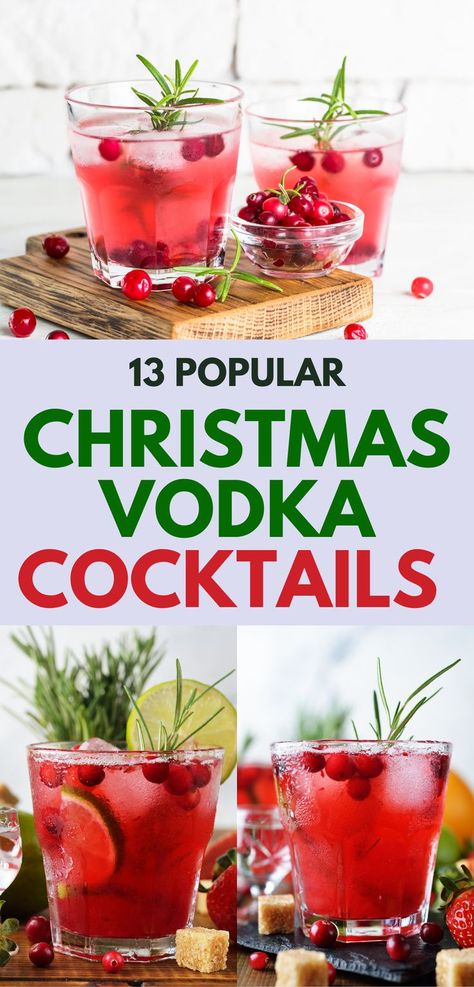 Festive cranberry vodka cocktails garnished with rosemary and fresh cranberries in clear glasses on a wooden serving board, perfect for Christmas. Vibrant holiday drinks paired with strawberries, lime, and sugar cubes showcase easy Christmas vodka cocktail ideas for a refreshing holiday celebration, ideal for gatherings or cozy evenings. Vodka Holiday Drinks, Cranberry Vodka Recipe, Christmas Vodka Cocktails, Grinch Cocktail, Christmas Cocktails Vodka, Christmas Vodka, Low Sugar Drinks, Christmas Cocktails Easy, Pitcher Cocktails