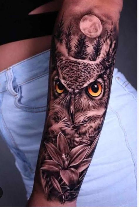 Eagle With Flowers Tattoo For Women, Owl Totem Tattoo, Owl Arm Tattoos For Women, Owl Sleeve Tattoo Women, Owl Flower Tattoo, Owl Tattoo Arm, Owl With Flowers Tattoo, Owl Sleeve Tattoo, Owl Arm Tattoo