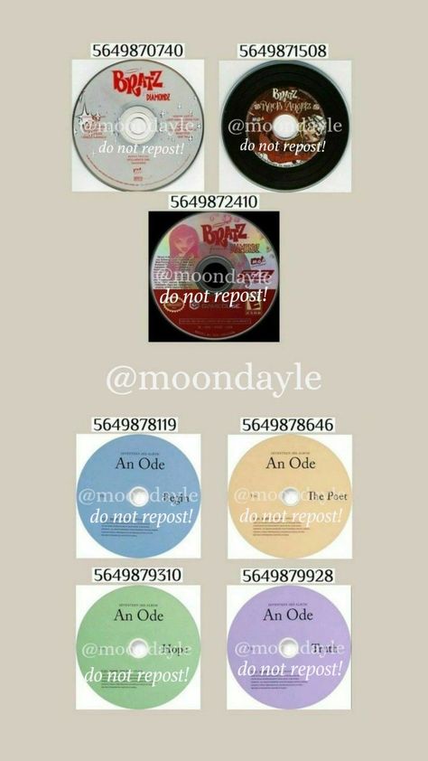 credits to: moondayle Disk Codes Bloxburg, Dvd Bloxburg Codes, Cds Bloxburg Codes, Clock Codes For Bloxburg, Bloxburg Vynil Codes, Roblox Record Decals Codes, Cd Decals Bloxburg, Bloxburg Record Decals, Bloxburg Picture Codes Aesthetic