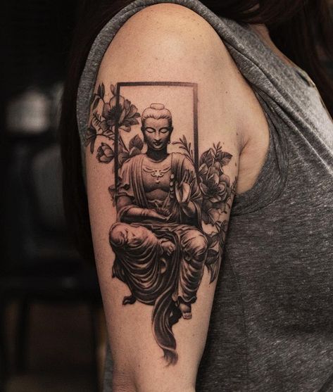 60 Inspirational Buddha Tattoo Ideas | Art and Design Buddhism Tattoo, Buddha Tattoo Sleeve, Buda Tattoo, Meditation Tattoo, Lotusblume Tattoo, Quarter Sleeve Tattoos, Buddhist Tattoo, Buddha Tattoo Design, Polynesian Tattoos