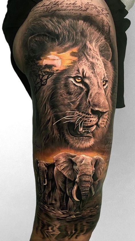 Lion Leg Tattoo, African Sleeve Tattoo, Lion Shoulder Tattoo, Family Tattoos For Men, Africa Tattoos, Animal Sleeve Tattoo, Tattoo Lion, African Tattoo, Lion Tattoo Sleeves