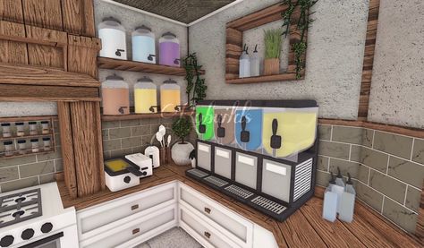 Bloxburg Smoothie Bar, Bloxburg Cafe With Apartment, Bloxburg Pantry Ideas Aesthetic, Bloxburg Cafe Interior Ideas, Bloxburg Snack Bar, Creative Bloxburg Builds, Coffee Bar Bloxburg, Shop Ideas Bloxburg, Pantry Ideas Bloxburg