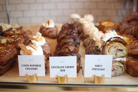 Mr Holmes Bakehouse Croissant Display, Mr Holmes Bakehouse, Mr Holmes, Price Tag Design, Dream Cafe, Chocolate Croissant, Bakery Design, Lemon Meringue, Chocolate Cherry