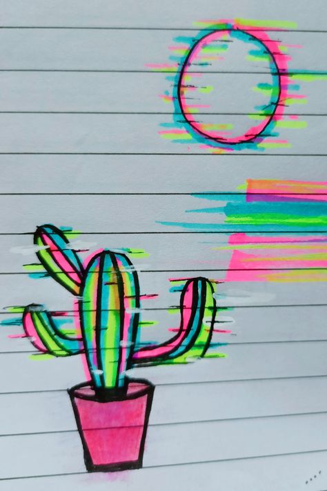 Neon Drawings Sketch, Neon Sketch Art, Neon Signs Drawing, Neon Eye Drawing, Neon Element Project Ideas, Painting With Neon Colors, Hilighter Drawing, Highlighter Art Easy, Glitch Art Drawing Simple