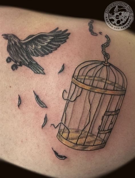 Not a fan of the drawing but love the idea of the broken cage Bird Flying Out Of Cage, Realistic Bird Tattoo, Dr Woo Tattoo, Birdcage Tattoo, Cage Tattoo, Parrot Tattoo, Bird Tattoo Men, Tattoo Sites, معرض فني