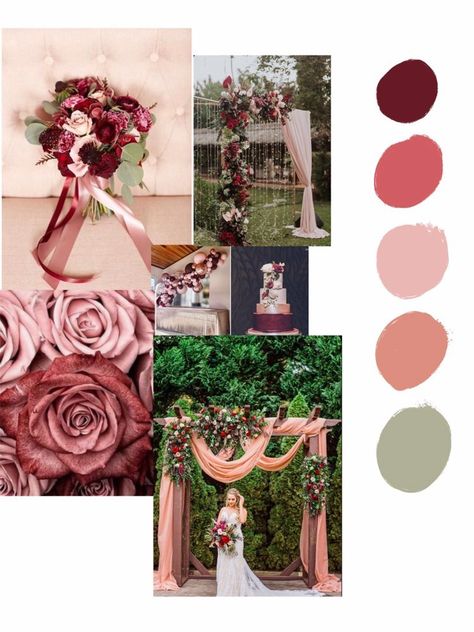 Eucalyptus green, rose gold, deep burgundy, dusty peach, dusty rose Cinnamon Rose And Sage Green Wedding, Raspberry And Sage Wedding, Dusty Rose Green Wedding, Dusty Rose Wedding Theme Color Palettes, Sage Green And Burgundy Wedding Decor, Maroon Pink And Green Wedding, Rose Gold And Green Wedding Theme, Deep Pink Wedding Theme, Burgundy And Dusty Rose Wedding Decor