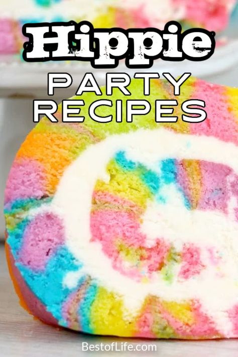 Hippy Party Theme Food, Groovy Appetizers, Tie Dye Groovy Party, Groovy Party Drinks, Retro Party Food Ideas, Hippy Food, Hippy Party Food, Tye Dye Food Ideas, Disco Theme Food Ideas