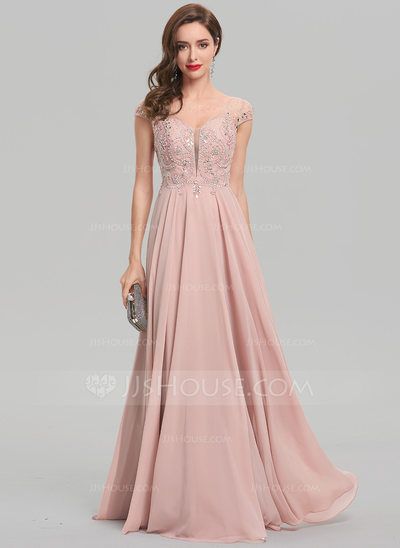 [£ 125.00] A-Line/Princess V-neck Floor-Length Chiffon Evening Dress With Beading Sequins (017137359) Rose Gold Dress, Formal Ball Gown, Junior Prom Dresses, Evening Dress Floor Length, Chiffon Evening Dresses, Bandage Dress Bodycon, Pink Gowns, Pink Prom Dresses, Gala Dresses