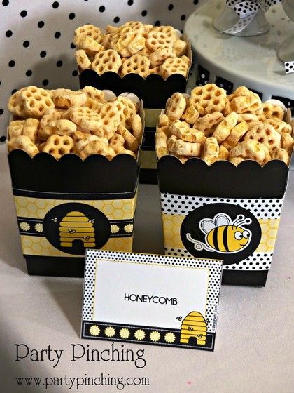 Bee party ideas, bee cookies, cute bee desserts, bee cupcakes, bee hive donuts, bee themed party...love these honeycomb snacks! Bee Dessert, Honey Bee Birthday, Honeycomb Cereal, Bee Birthday Theme, Popular Baby Shower Themes, Bee Cupcakes, Bumble Bee Birthday, Dessert Table Birthday, Bee Cookies