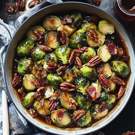 Brussels Sprouts in Maple Bourbon Sauce with Bacon & Candied Pecans - Recipes By Clare Maple Bourbon Pork Chops, Maple Bourbon Brussel Sprouts, Maple Bourbon Sauce, Sweet Bourbon Glaze, Pecans Recipes, Bacon Seasoning, Sweet Bourbon, Roasted Sprouts, Bourbon Sauce