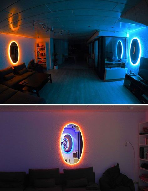 LED lights with great colors for the mood... Portal Mirror, Gamer Room Diy, Simple Bed Designs, Aperture Science, Designer Bedroom, Recreational Room, Minimalist Bed, Portal 2, Bed Design Modern