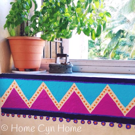 I painted the wooden ledge behind Wall Border Painting Ideas, Border Painting Ideas, Small Terraced House Interior, Small Terrace Garden, Border Painting, Funky Interior, Balcony Painting, Colour House, Balcony Designs