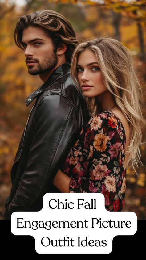 A couple poses in cozy fall engagement outfits, featuring a floral maxi dress and a leather jacket, perfect for a chic autumn photoshoot. Cute Fall Outfits For Photoshoot Couple, Fall Engagement Pics Outfits, Fall Save The Date Photo Ideas, Fall Picture Outfits For Couples, Couple Picture Outfit Ideas, Engagement Photos Outfits Fall Casual, November Engagement Pictures Outfit, Couples Fall Photoshoot Outfits, Couple Fall Photoshoot Outfits