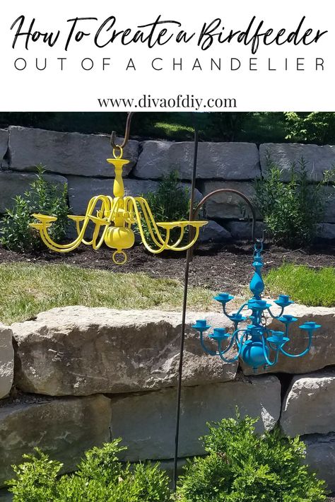 Chandelier Upcycle, Chandelier Projects, Birdhouse Painting, Chandelier Planter, Solar Chandelier, Old Chandelier, Stepping Stones Diy, Solar Lighting, Patio Projects