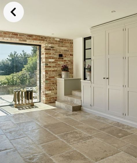 Contemporary Barn, Barn Kitchen, Limestone Wall, Barn Interior, Limestone Flooring, Irish Cottage, House Extension Design, Stone Barns, Countryside House