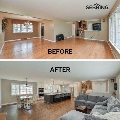 BEFORE & AFTER: We remodeled this kitchen and living room by opening up the space and turning it into one room. An open floor plan… Open Up Kitchen To Living Room Before And After, Open Floor Plan Living Room And Kitchen Remodel, Small Split Level Kitchen Remodel, Open Floor Plan Living Room And Kitchen Mobile Home, Diy Open Floor Plan Before And After, Opening Up Floor Plan Before And After, Open Kitchen Dining Living Room Layout, Flooring Before And After, Open Plan Kitchen Living Room L Shape