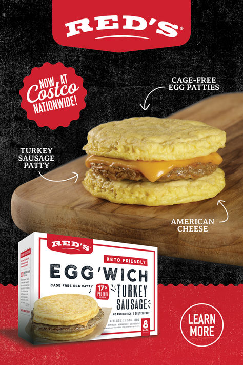 Upgrade your breakfast to a Red’s Egg’Wich! It’s a ready-to-heat breadless breakfast sandwich you can feel good about. Available nationwide at Costco for a limited time. 🙌 🍳Keto-Friendly 🍳Gluten-Free 🍳Cage-Free Eggs* 🍳Antibiotic-Free Turkey Sausage *Birds never confined to cages when raising. Breakfast Back To School, Breadless Breakfast, Basic Foods, Get More Protein, Curb Hunger, Frozen Burritos, Rich Breakfast, Protein Rich Breakfast, Packed Breakfast