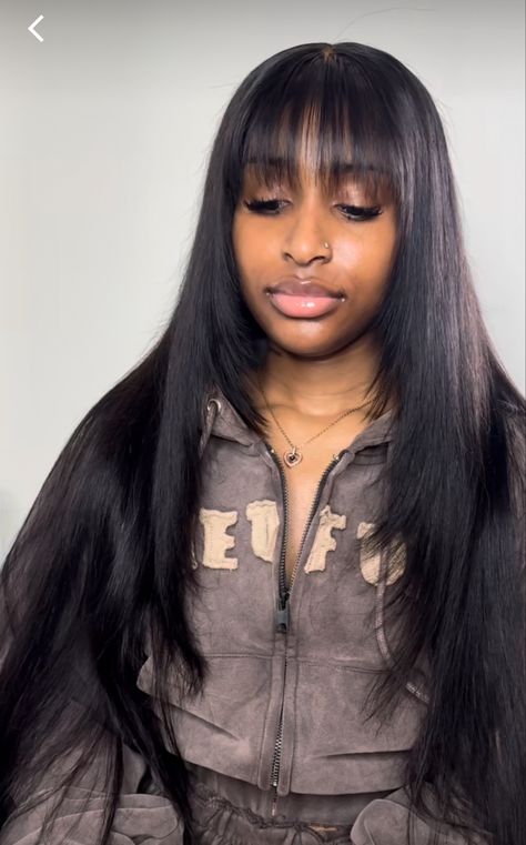 Straight Wig Bangs, Chinese Bangs Frontal Wig, Wigs With Fringe Bangs Black Women, Chinese Bangs Sew In, Straight Bangs Black Women, Bang Closure Wig, Bussdown With Bangs, Closure Bangs Sew In, Lace Frontal With Bangs