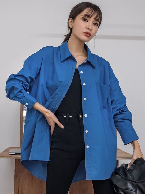 Blue Casual  Long Sleeve Cotton Plain Tunic  Non-Stretch Spring/Fall Women Tops, Blouses & Tee Dark Blue Oversized Shirt Outfit, Blue Blouse Outfit Hijab, Blue Shirt Outfit Hijab, Royal Blue Shirt Women Outfit, Dark Blue Shirt Outfit Woman, Blue Oversized Shirt Outfit, Royal Blue Shirt Outfit, Casual Modest Outfits, Long Shirt Outfits