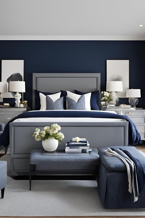 #homedecor, #interiordesign, #homedesign, #decor inspiration Grey And Navy Bedroom Ideas, Navy And Grey Bedroom, Navy Blue And Grey Bedroom, Midnight Blue Bedroom, Navy Blue Bedroom Walls, Blue And Grey Bedroom, Elegant Color Combinations, Blue Bedroom Paint, Blue And Cream Bedroom