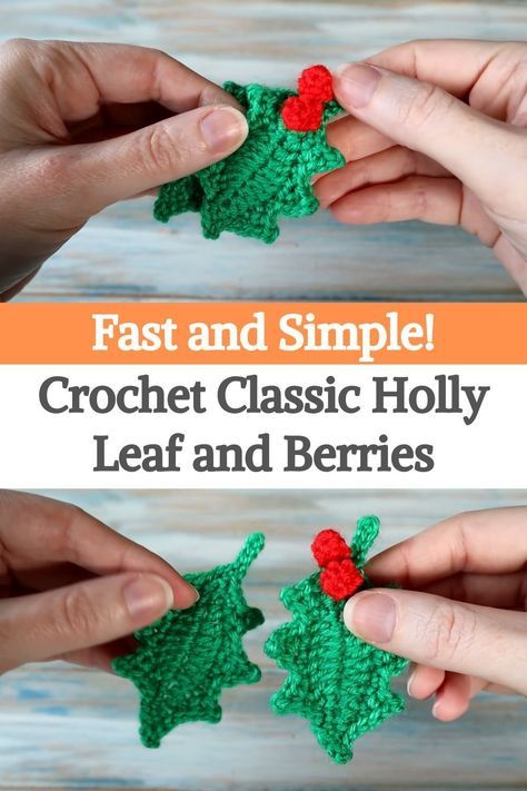 Today we're sharing another festive video tutorial about how to crochet little holly leaves and berries! An easy project, suitable for beginners and very quick.You can use these as appliques on some other crochet projects, to hang on around your home as Christmas decorations, pins on your clothing, to put on your gifts, and much more, there's a lot of uses for them, just let your creativity flow.For this project, you'll only need a small amount of DK worsted weight yarn in green... Crochet Holly Applique, Embroider Holly Leaves, Holly Applique Pattern, Crochet Holly Garland Free Pattern, How To Crochet Holly Leaves, Crocheted Holly Leaves, Crochet Holly And Berries, Crochet Christmas Holly Free Pattern, Crochet Holly Berry Free Pattern