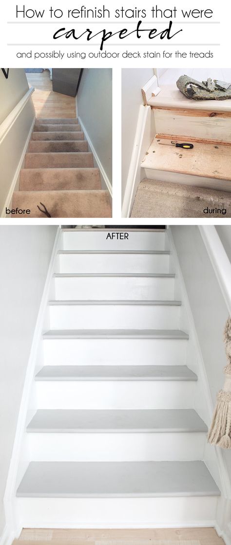 removing carpet from stairs and staining and painting staircase Stain Stairs, Refinish Stairs, Diy Stairs Makeover, Stairs Makeover Ideas, Deck Stain, Stairs Renovation, Grey Stained Wood, Deck Outdoor, Painted Staircases