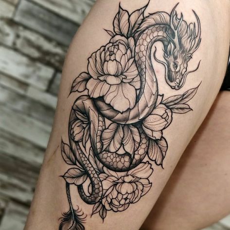 Dragon Quarter Sleeve Tattoo, Leg Dragon Tattoos Women, Dragon Thigh Tattoo Black Women, Feminine Dragon Tattoo For Women Leg, Thigh Dragon Tattoo For Women, Dragon Tattoo For Women Hip, Dragon Lady Tattoo, Dragon Leg Tattoo For Women, Dragon Mandala Tattoo