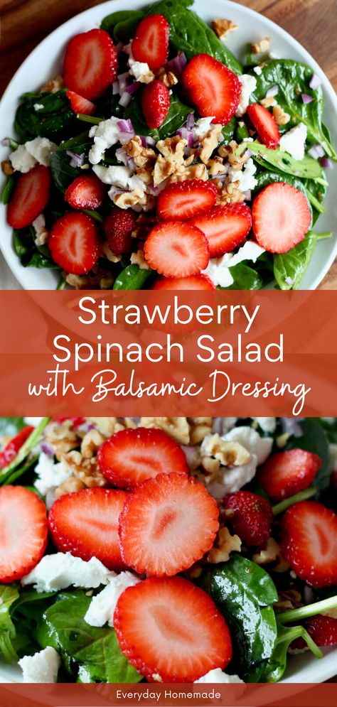 Try this easy Strawberry Spinach Salad with Balsamic Dressing for a simple spring or summer salad. Packed with fresh strawberries, goat cheese, and walnuts, it's a delicious spinach strawberry salad perfect for any occasion, like Easter dinner or brunch. Whip it up in just 10 minutes for a homemade fresh strawberry recipe that's sure to impress! Stawberry Salad, Strawberry Spinach Salad With Balsamic, Spinach Salad Recipes Easy, Strawberry Walnut Salad, Strawberry Salad Dressing, Strawberry Goat Cheese, Spinach Salad Dressing, Strawberry Salad Recipe, Vinaigrette Dressing Recipe