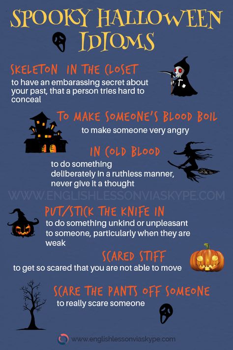 Spooky Halloween idioms and expressions - Learn English with native speakers Halloween English Activities, Halloween Idioms, Halloween Lesson, English Speaking Skills, Idioms And Phrases, Improve English, Essay Writing Skills, English Vocab, Good Vocabulary Words