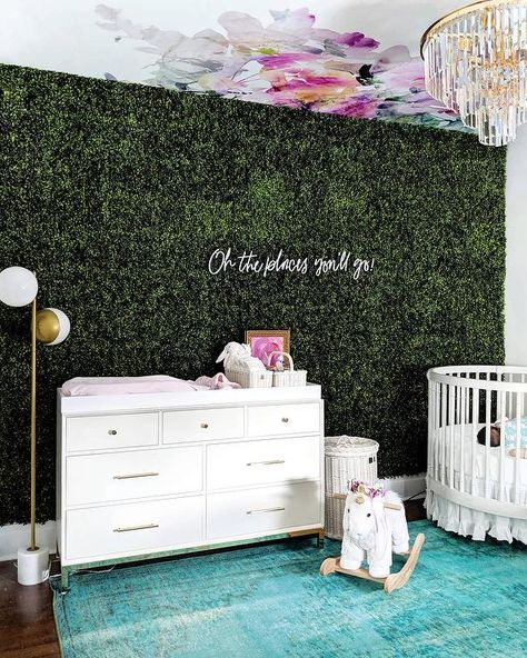 Girls nursery with Faux Grass Accent Wall - Contemporary - Nursery Boxwood Accent Wall, Grey Floral Wallpaper, French Headboard, Contemporary Nursery, Nursery Accents, Floral Mural, Nursery Accent Wall, Sophisticated Bedroom, Grass Wall