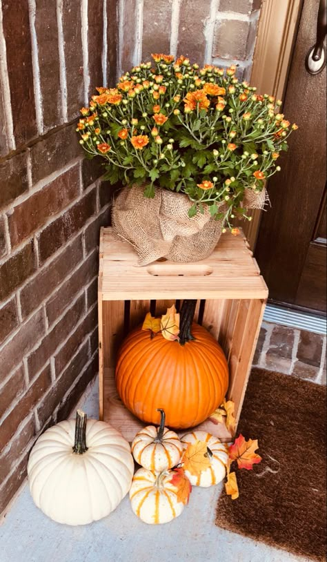 Small Patio Halloween Decor, Fall Crate Decor, Porta Halloween, Porch Fall Decor, Fall Patio, Fall Front Porch Decor Ideas, Fall Decor Diy Crafts, Halloween Fest, Easy Fall Decor