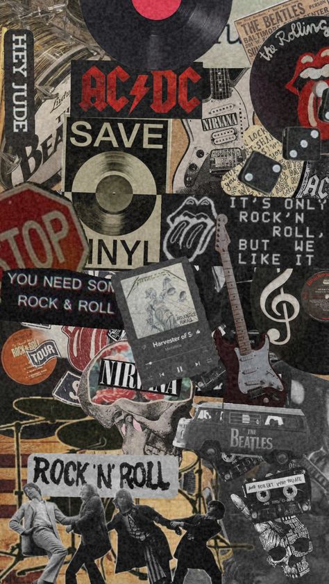 #dark #music #beatles #nirvana #rock #vintage Rock And Roll Vintage Aesthetic, Rock Theme Wallpaper, Old Rock Wallpaper, Punk Background Aesthetic, 70s Rock N Roll Aesthetic, Punk Rock Wallpaper Iphone, Vintage Rock Wallpaper, Rock N Roll Collage, Rockstar Lockscreen