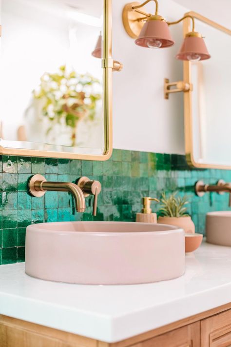 Jade green zellige tiles (handmade Moroccan terracotta), gold hardware, and a blush pink cement bowl basin sink make a stylish statement in this LA master bathroom. #bathroomsink Cement Bowl, Bowl Basin, Moroccan Bathroom, Mosaic Bathroom Tile, Tiles Handmade, Zellige Tiles, Bathroom Plants, Zellige Tile, Bathroom Backsplash