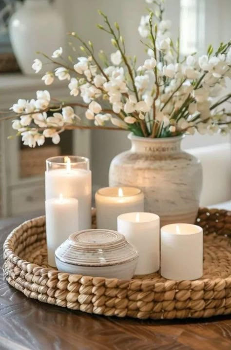 Coffee Table Decor Living Room, Candles And Flowers, Table Centerpieces For Home, Entryway Table Decor, Wicker Tray, Table Decor Living Room, Island Decor, Coffee Table Styling, Table Styling