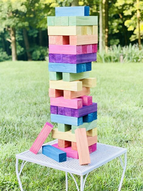 Outside Jenga Game Diy, Diy Jumbo Jenga, Diy Outdoor Jenga Set, Giant Jenga Wedding, Giant Jenga Diy, Large Jenga Diy Backyard Games, Big Jenga, Large Jenga, Cricket Party