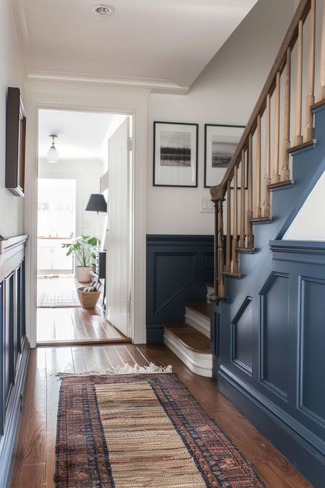 Dark Blue Panelling, Blue Hallway Paint, Dark Blue Hallway, Blue Panelling, Hallway Colors, Hallway Paint Colors, Blue Hallway, Paint Color Guide, Foyer Ideas Entryway